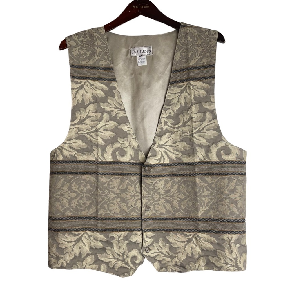 VINTAGE Attitudes Men’s Ivory Floral Vest Size L Formal Satin Back Sleeveless